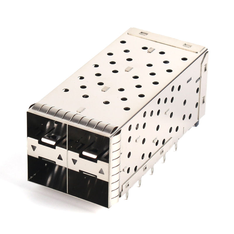 Metal EMI Shielded 2x2 Stacked Rack-Style SFP + Cage với Press-Fit Termination Optical Fiber I / O Connector
